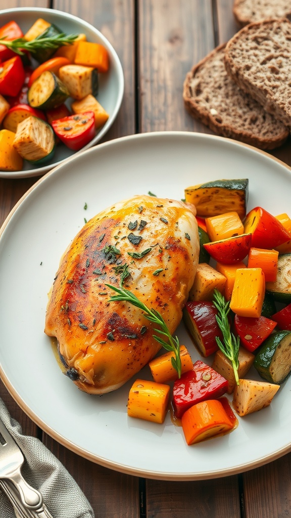 Herbed chicken breast with colorful roasted vegetables on a rustic table.